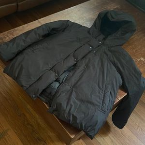 Black reversible cocoon hooded puffer jacket